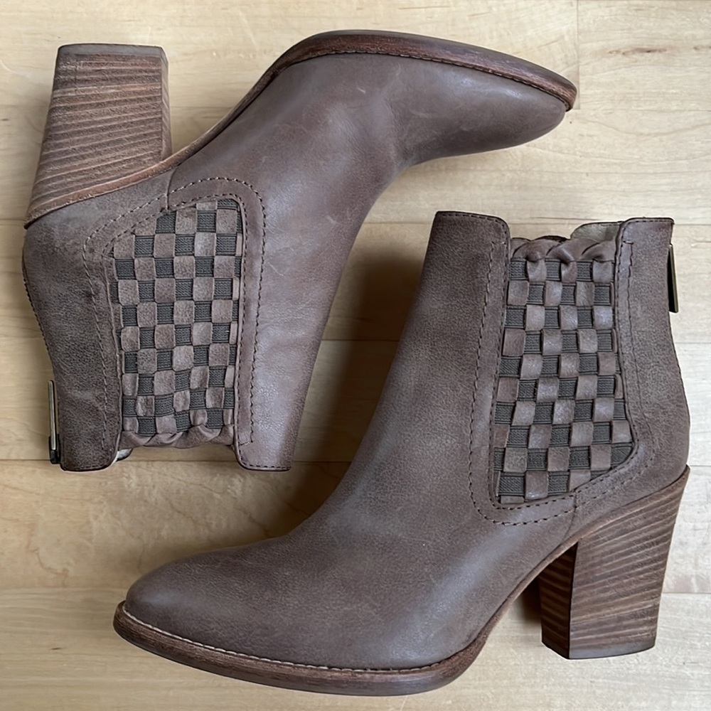 Aquatalia Basket-Weave Tan Leather Frannie Weatherproof Ankle Heeled Booties - Picture 8 of 15